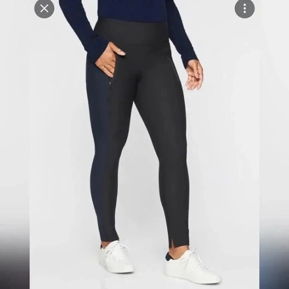 Athleta Stellar Tight Zip Stash Pockets Pants Grey And Blue Colorblock Split Hem - Picture 1 of 5